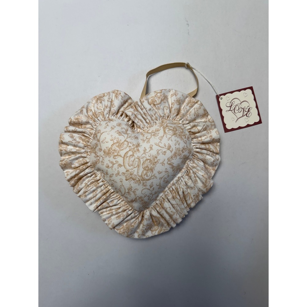 New Longaberger Letters of Love Heart Pillow Small Beige Floral Ruffle Decor
